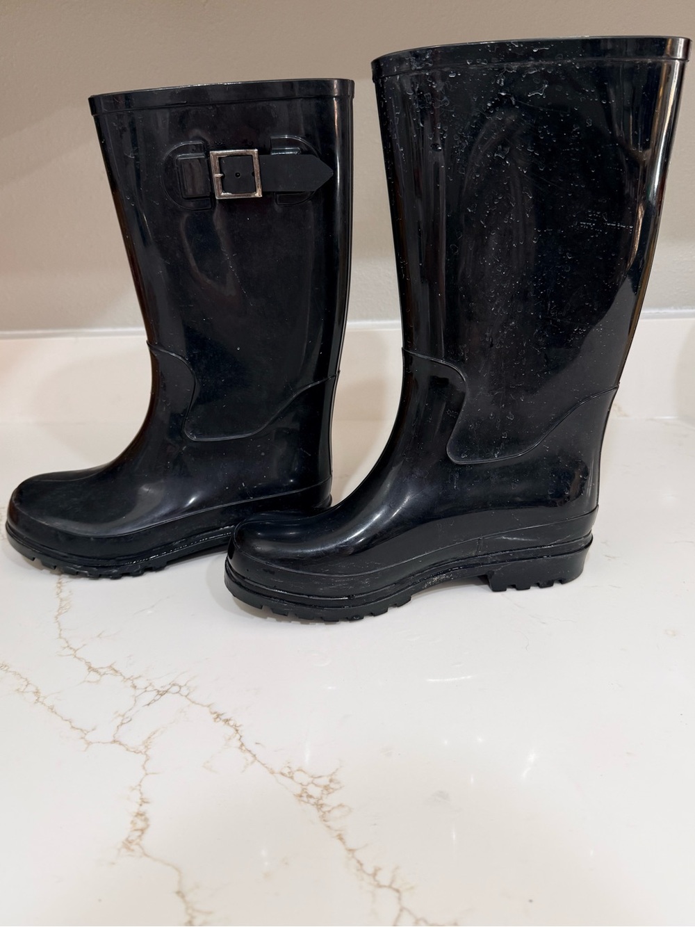 Women's Black Waterproof Rain Boots with Buckle Accent